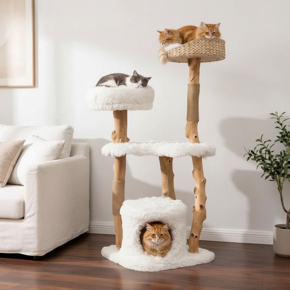 Arbre à Chat avec Branche en Bois Massif 124cm