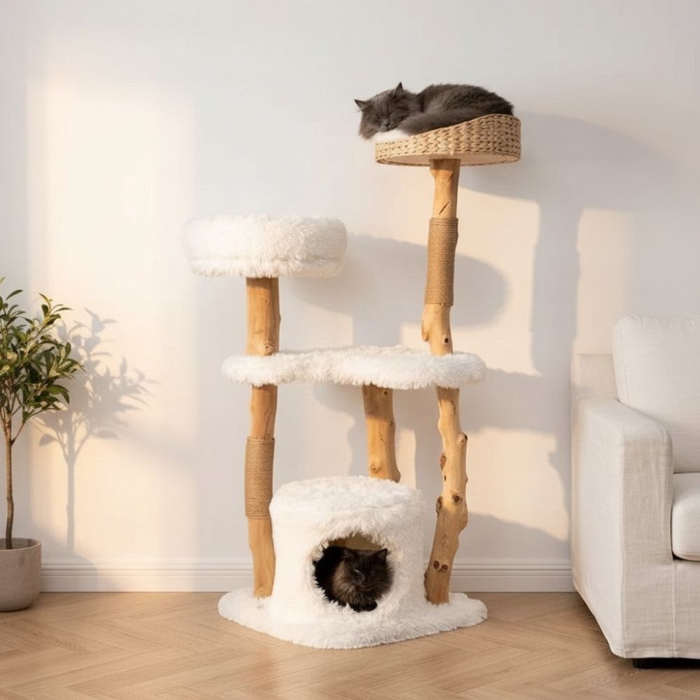 Arbre à Chat avec Branche en Bois Massif 124cm