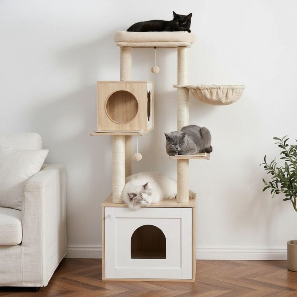 Arbre à Chat avec Litière Intégrée en Bois 144cm