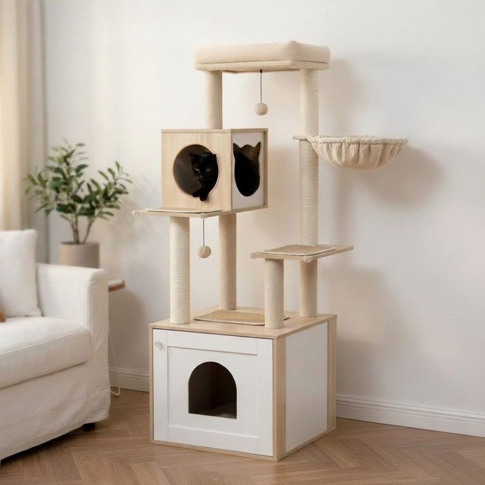 Arbre à Chat avec Litière Intégrée en Bois 144cm
