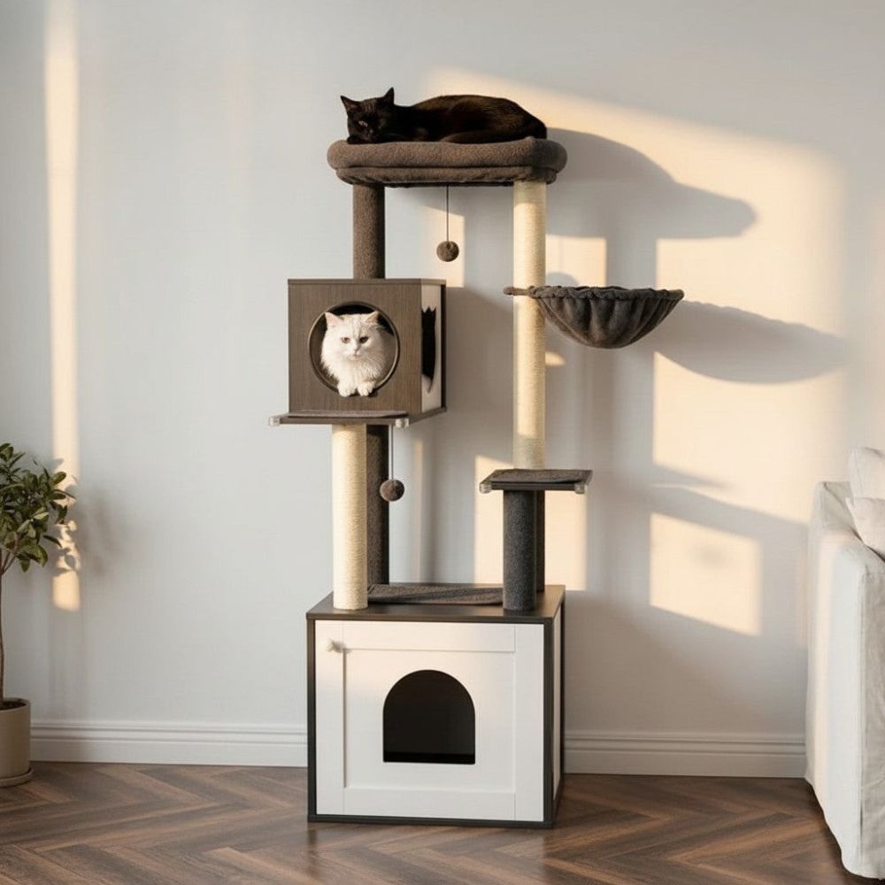 Arbre à Chat avec Litière Intégrée en Bois 144cm