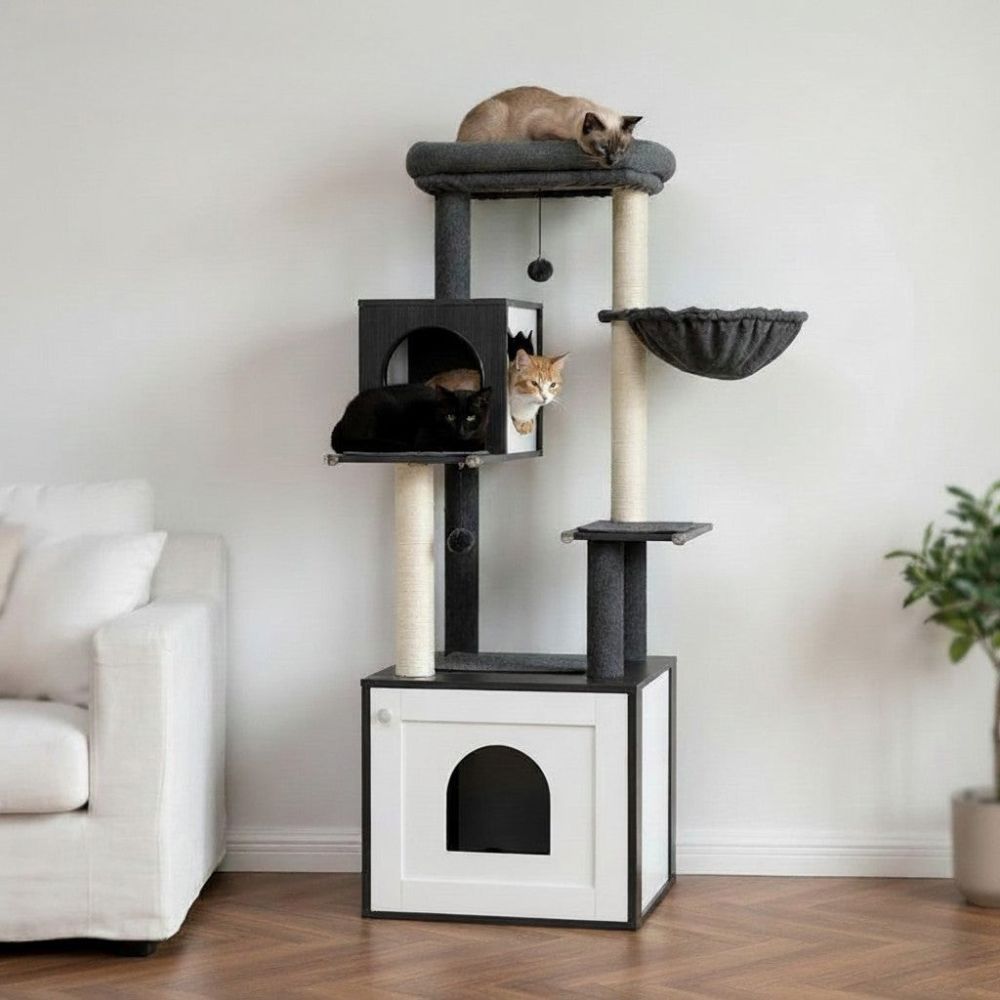 Arbre à Chat avec Litière Intégrée en Bois 144cm