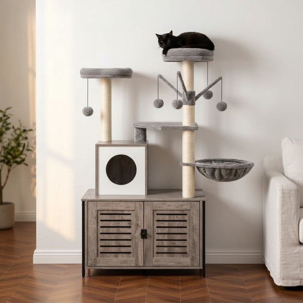 Arbre à Chat avec Litière Intégrée Gris Foncé 132cm