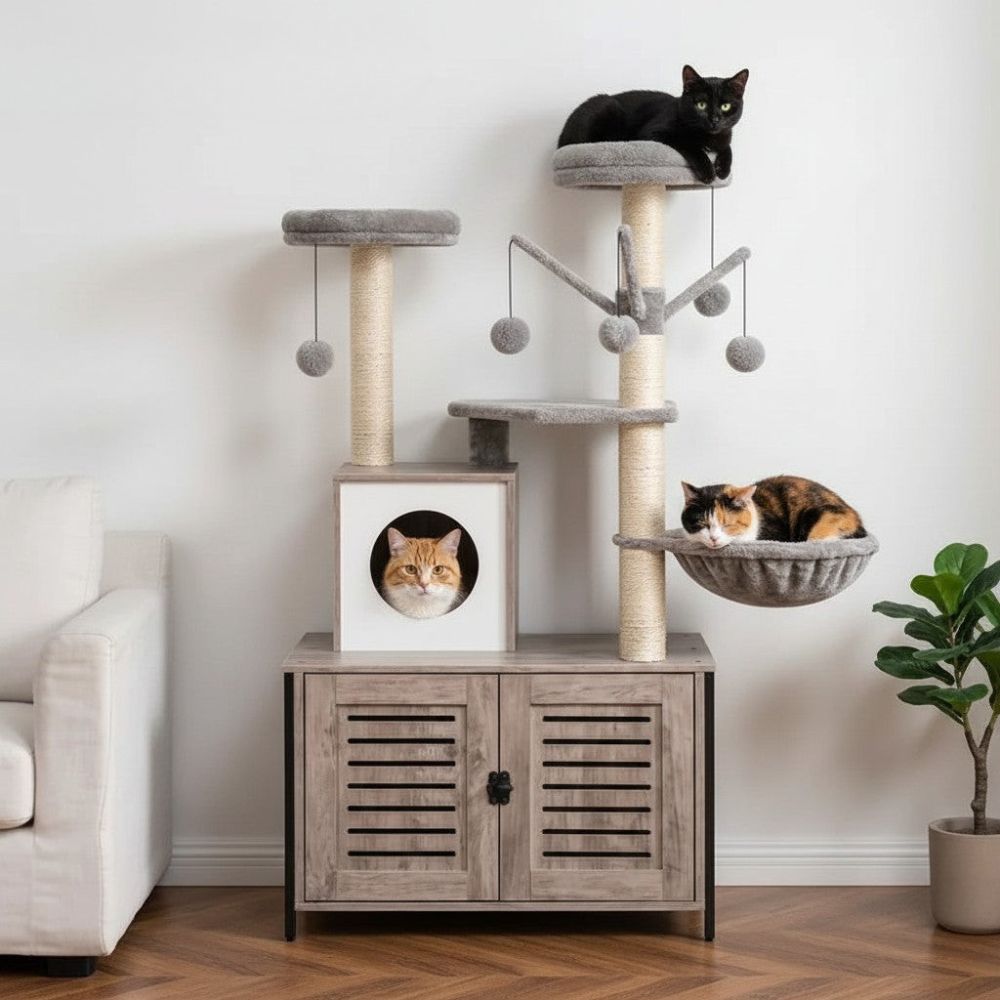 Arbre à Chat avec Litière Intégrée Gris Foncé 132cm