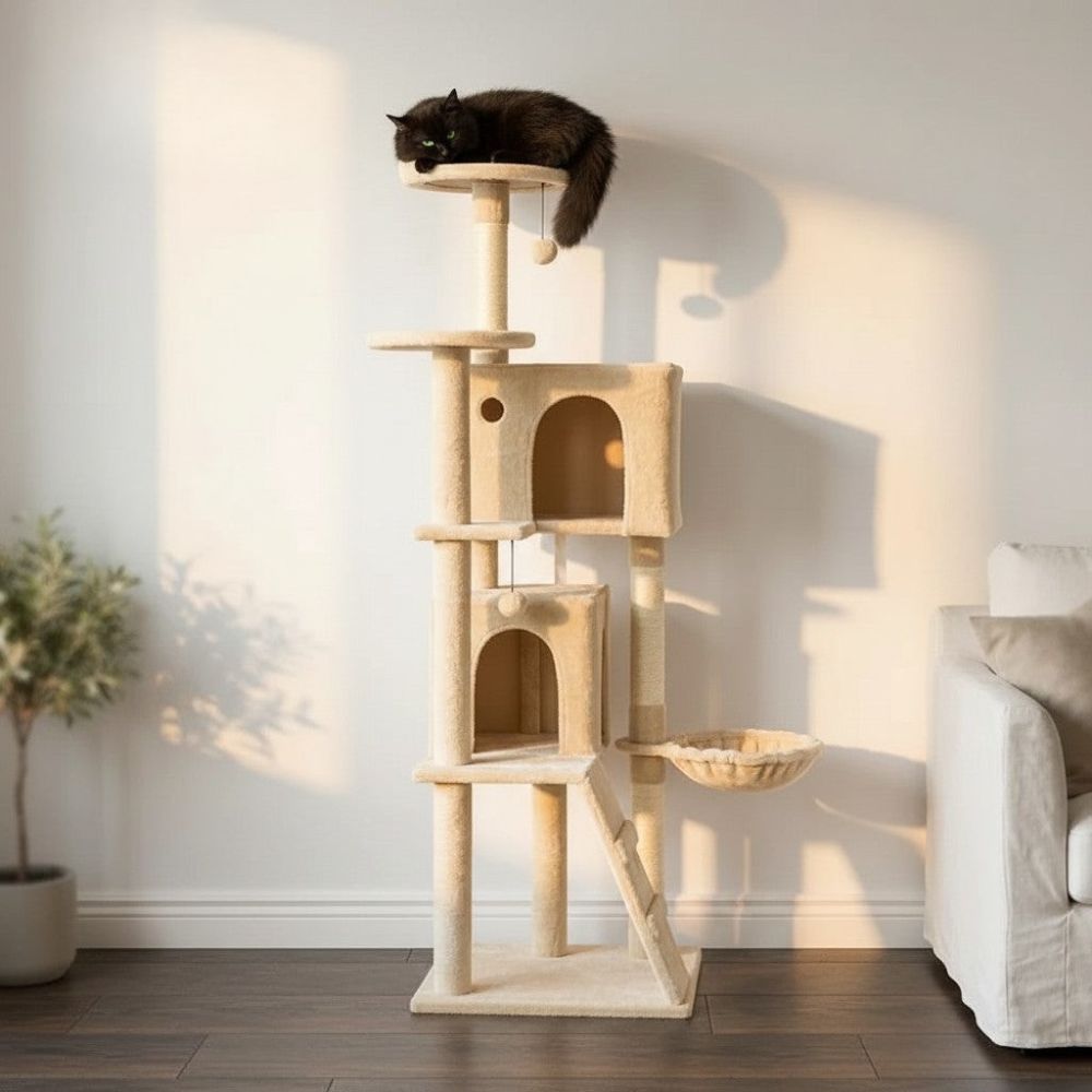 Arbre à Chat Beige avec Escalier Intégré 140cm