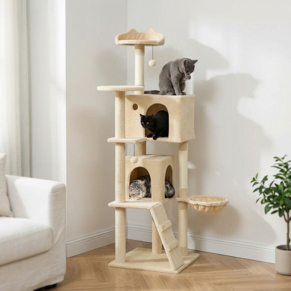 Arbre à Chat Beige avec Escalier Intégré 140cm