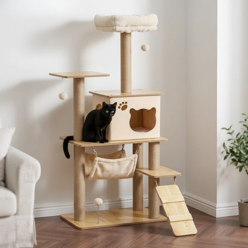 Arbre à Chat Beige et Bois Naturel 130cm