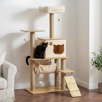 Arbre à Chat Beige et Bois Naturel 130cm
