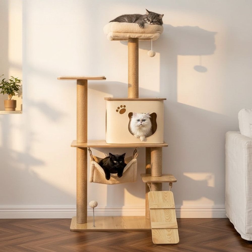 Arbre à Chat Beige et Bois Naturel 130cm