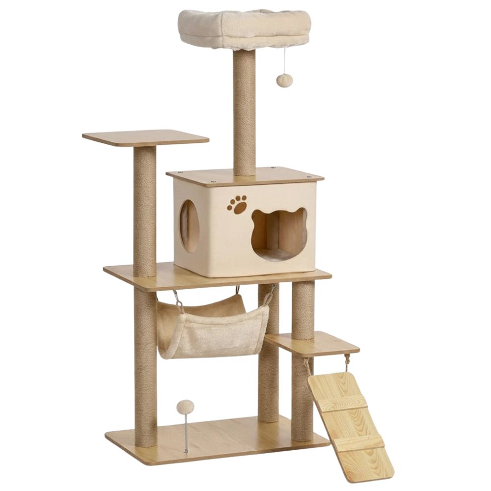 Arbre à Chat Beige et Bois Naturel 130cm