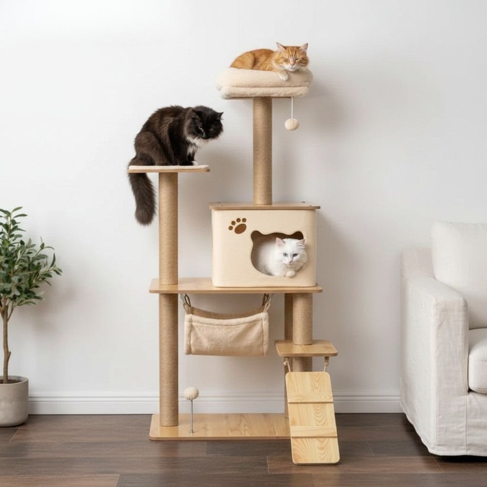 Arbre à Chat Beige et Bois Naturel 130cm