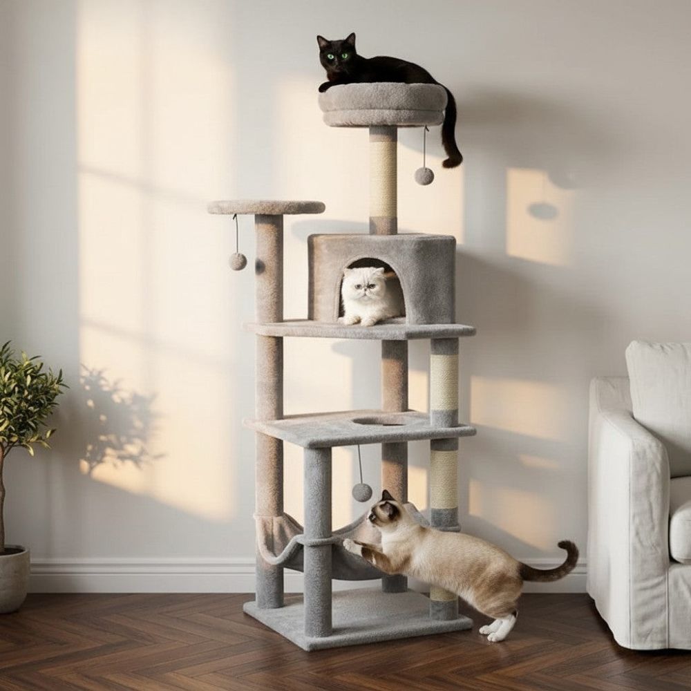 Arbre à Chat Beige Robuste Multi-Chats 140cm