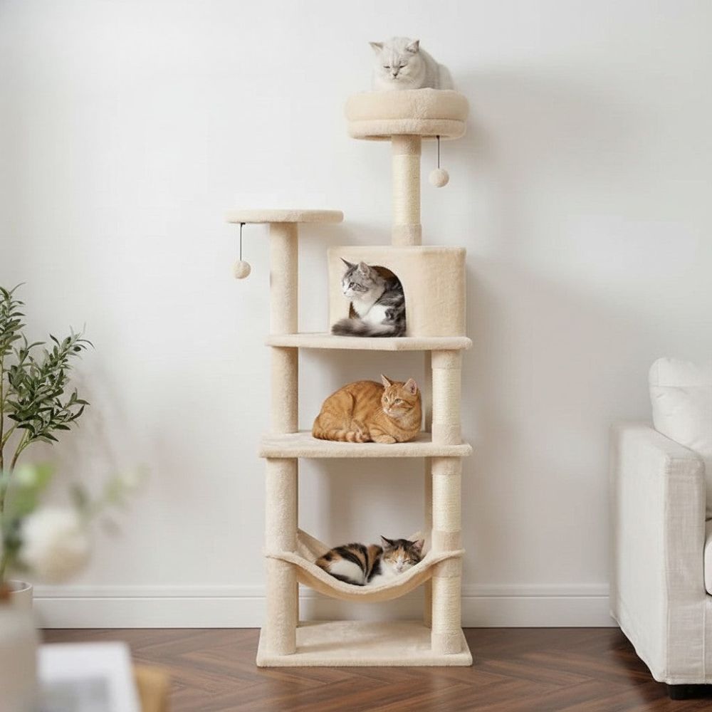 Arbre à Chat Beige Robuste Multi-Chats 140cm