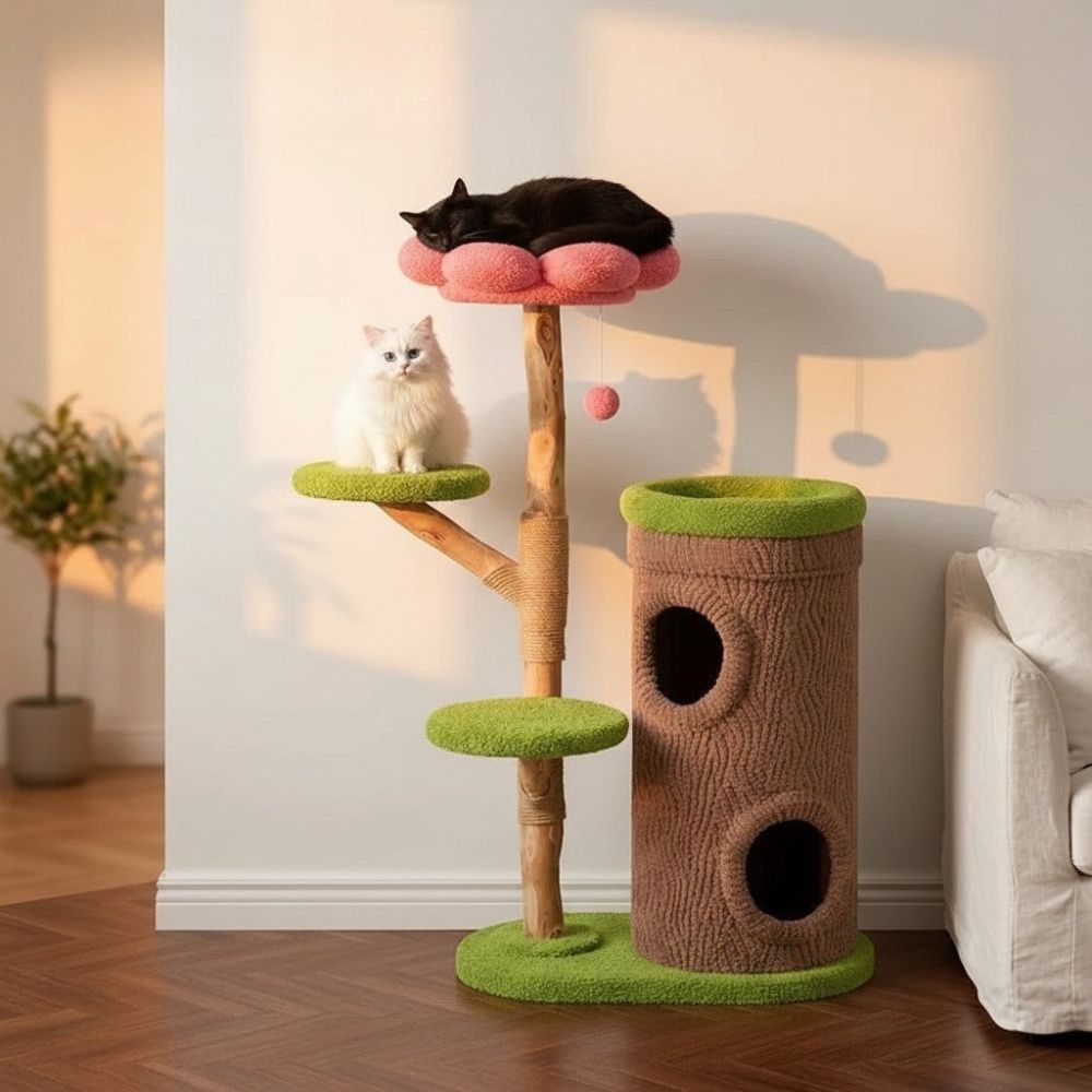 Arbre à Chat Bois Brut Authentique Grande Base 135cm