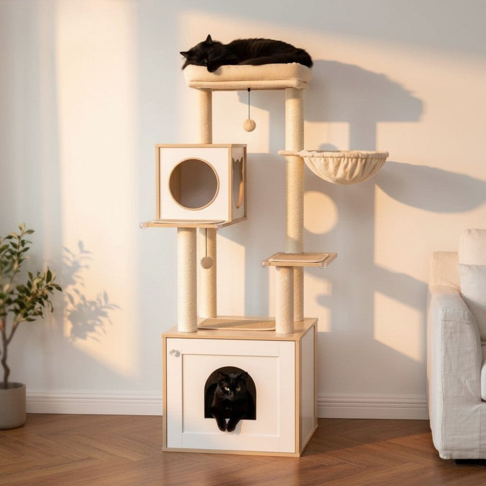 Arbre à Chat Bois et Blanc Esthétique Équilibrée 144cm