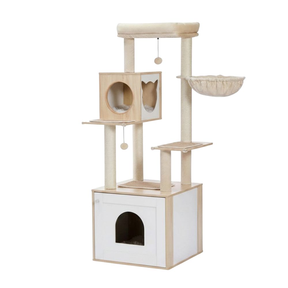 Arbre à Chat Bois et Blanc Esthétique Équilibrée 144cm