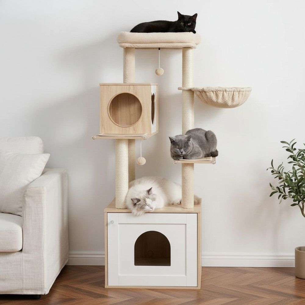 Arbre à Chat Bois et Blanc Esthétique Équilibrée 144cm