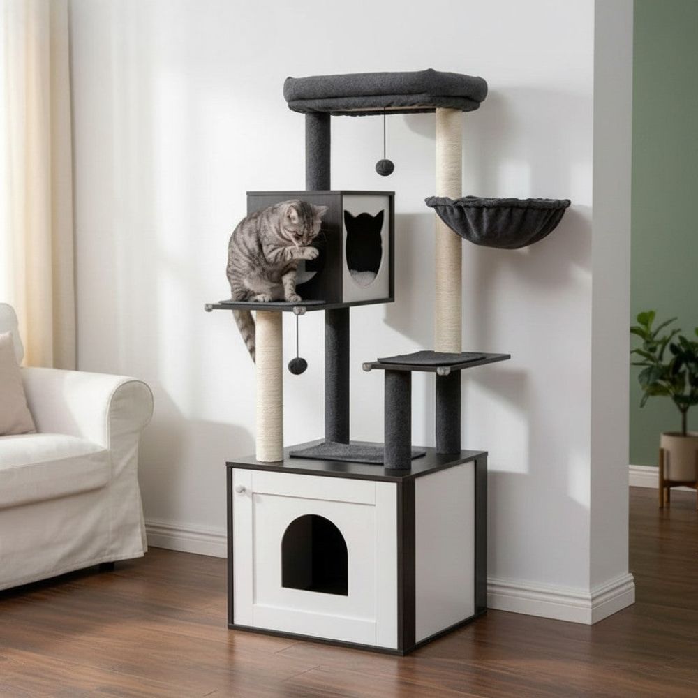 Arbre à Chat Bois et Blanc Esthétique Équilibrée 144cm