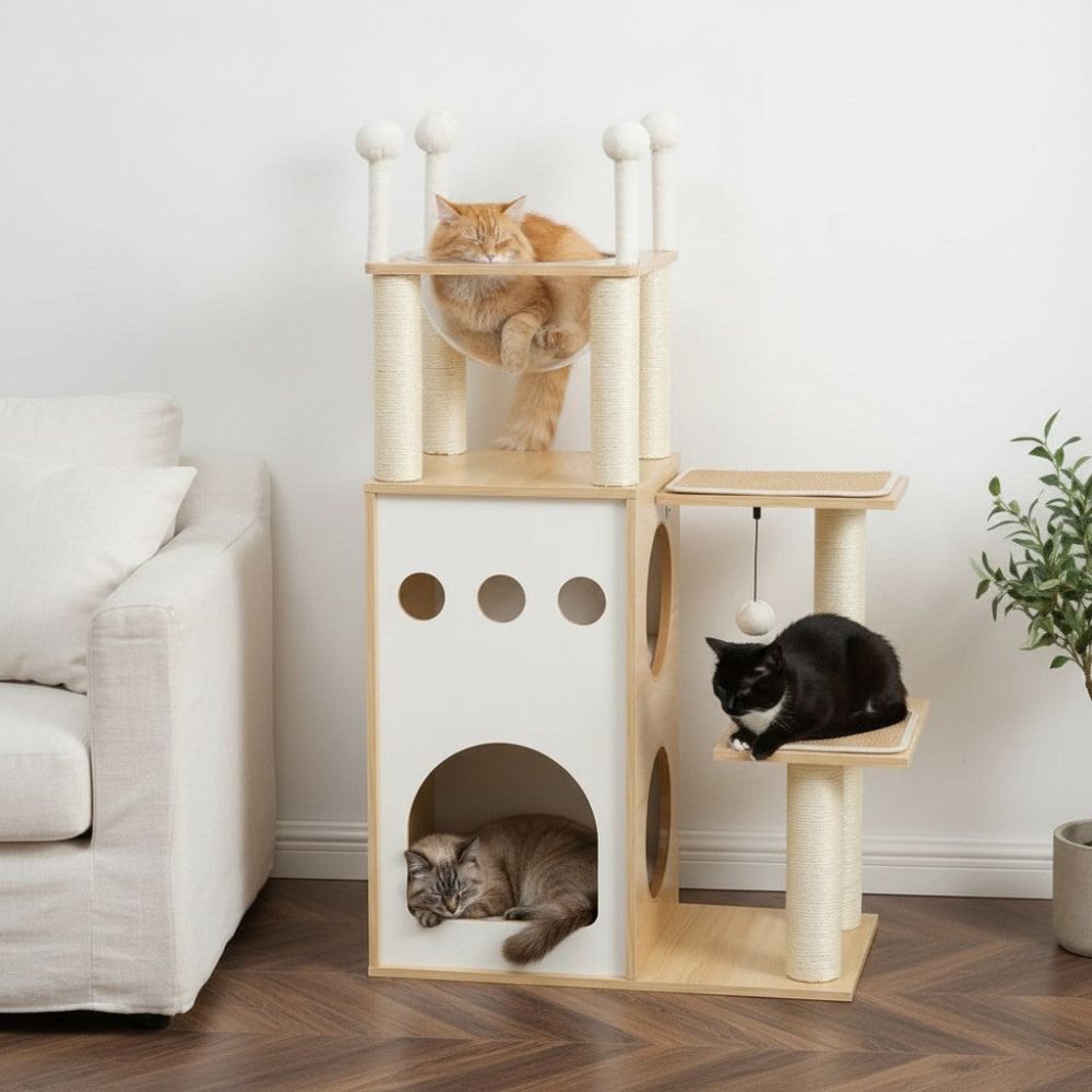 Arbre à Chat Bois Naturel Massif Colonnes Solides 108cm