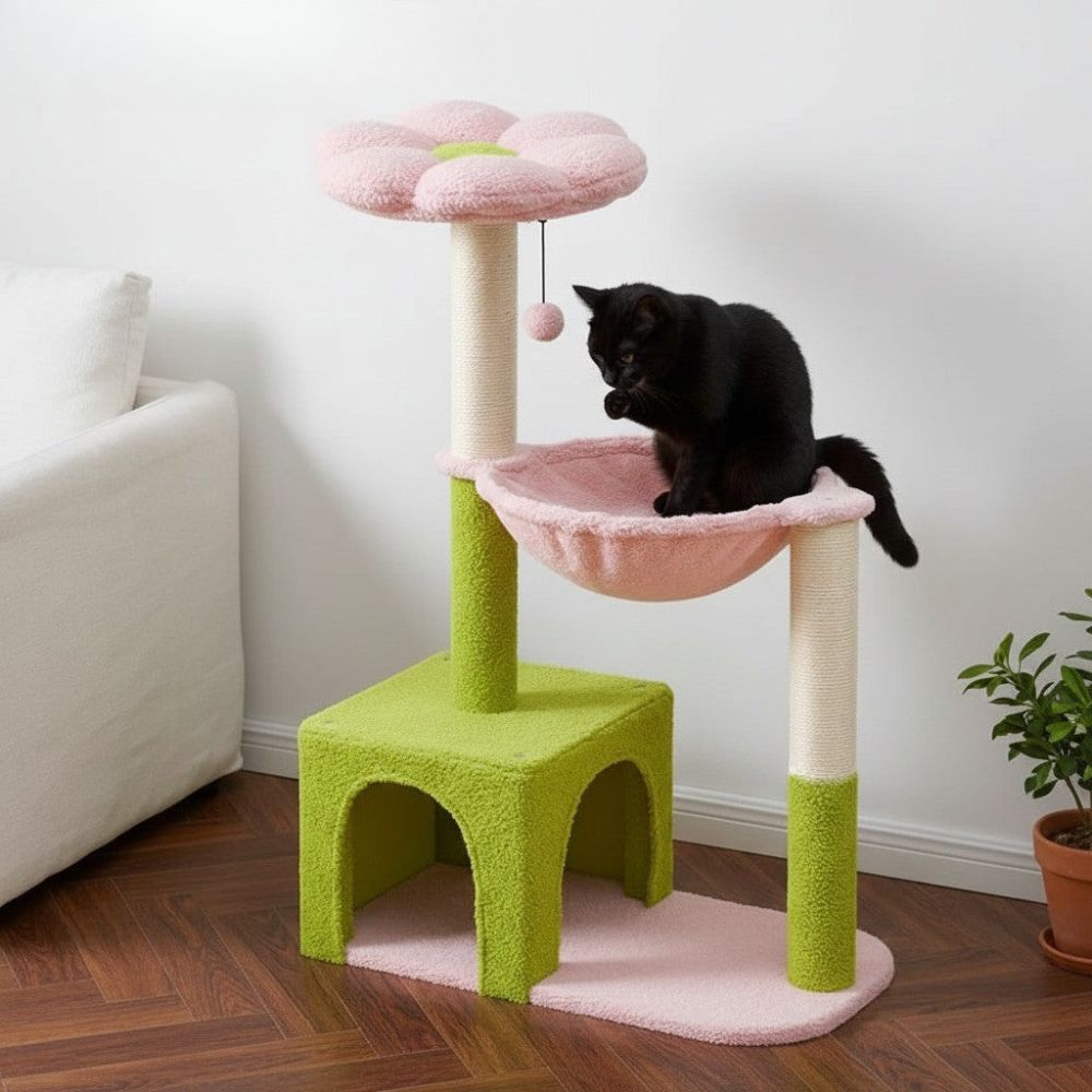 Arbre à Chat Fleur Rose et Vert Petit Format 92cm