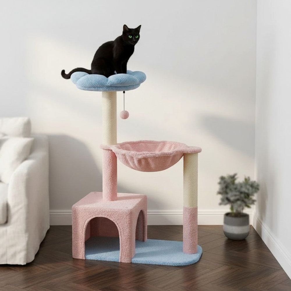 Arbre à Chat Fleur Rose et Vert Petit Format 92cm