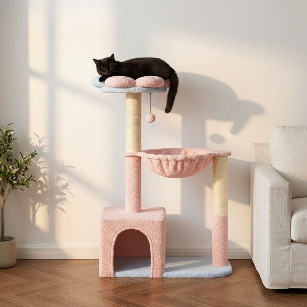 Arbre à Chat Fleur Rose et Vert Petit Format 92cm