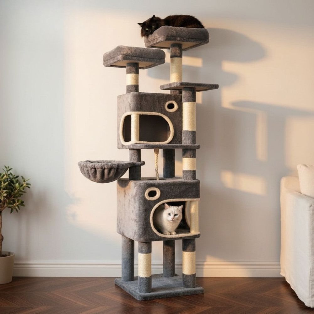 Arbre à Chat Maine Coon Beige Poteaux Renforcés 160cm