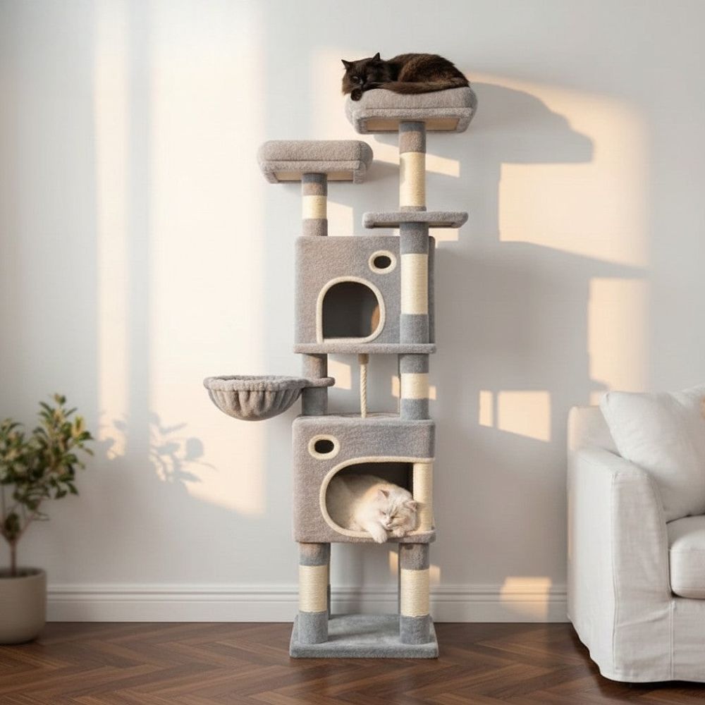 Arbre à Chat Maine Coon Beige Poteaux Renforcés 160cm