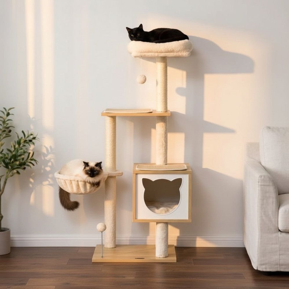 Arbre à Chat Moderne aux Finitions Bois 126cm