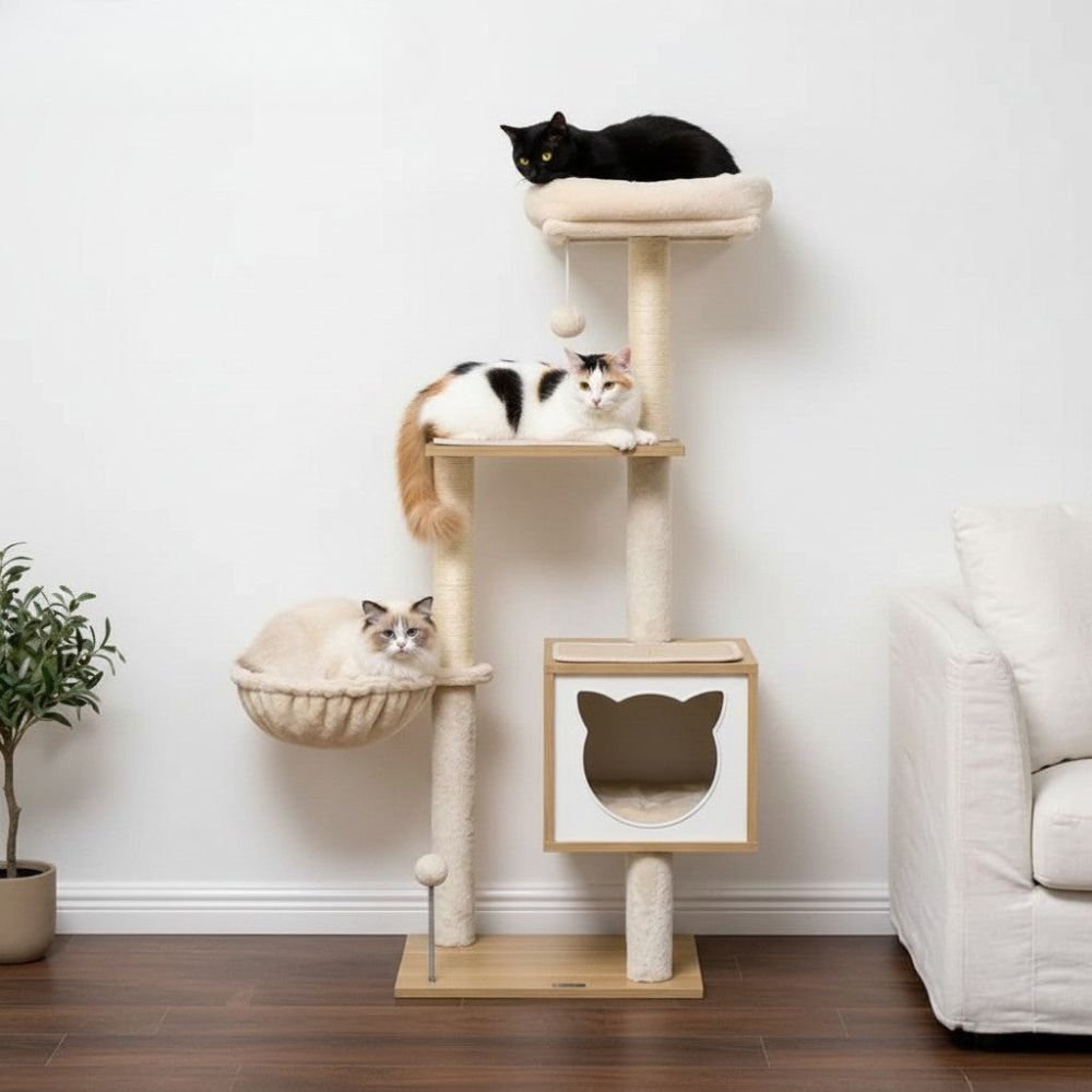 Arbre à Chat Moderne aux Finitions Bois 126cm