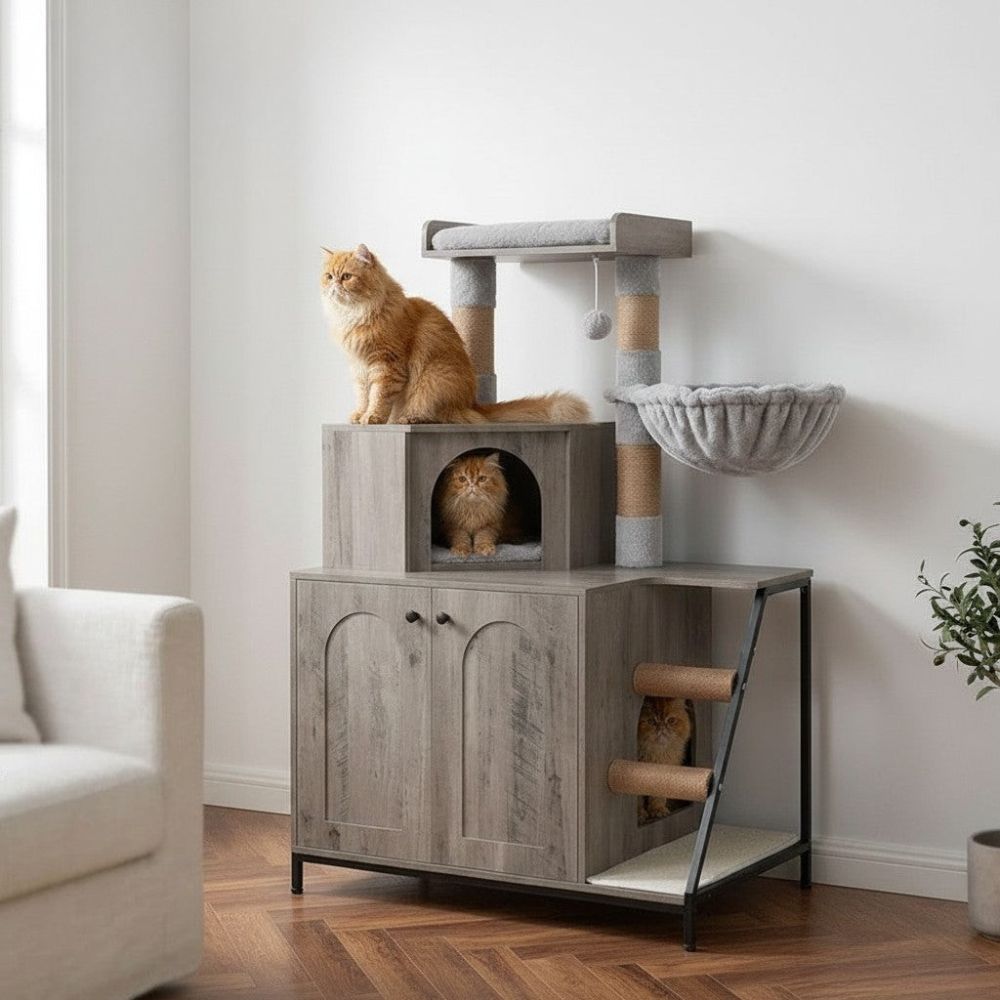 Arbre à Chat Moderne en Bois Massif Base Large 120cm