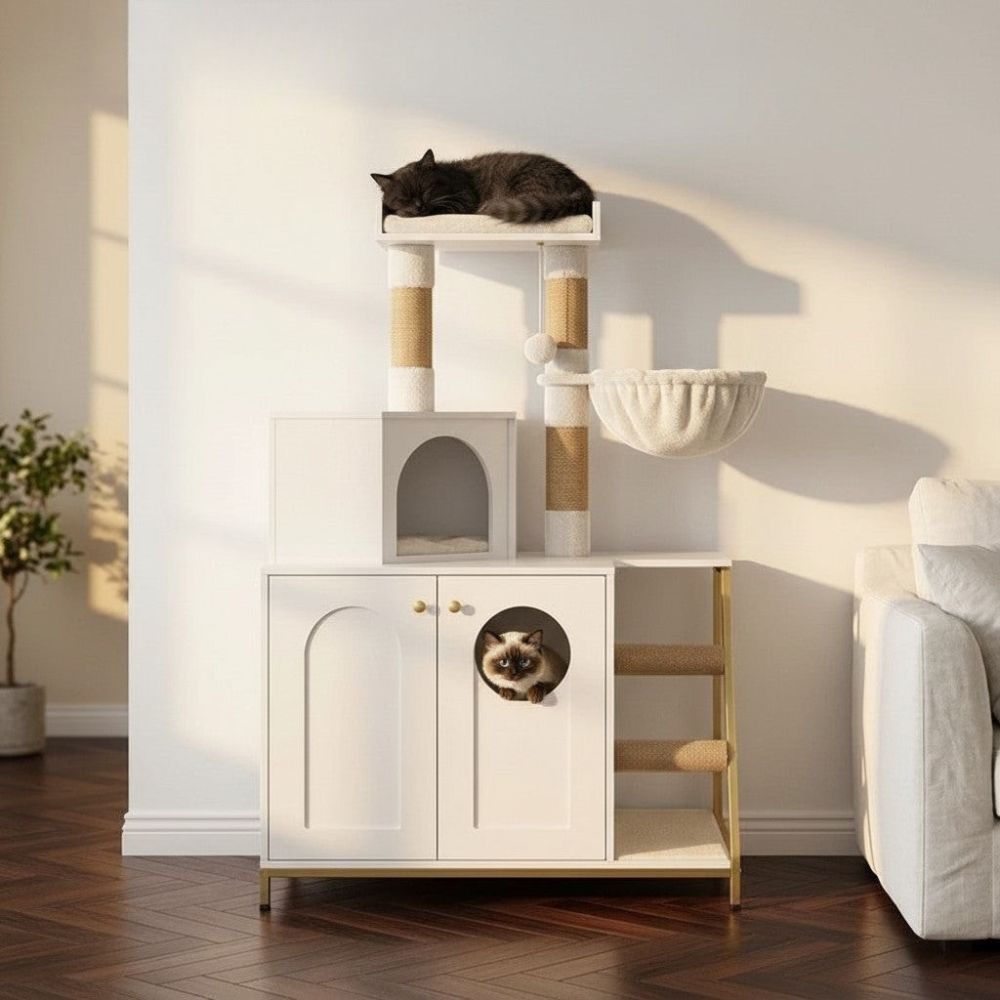 Arbre à Chat Moderne en Bois Massif Base Large 120cm