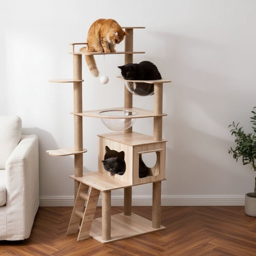 Arbre à Chat XXL en Bois Naturel Authentique 170cm