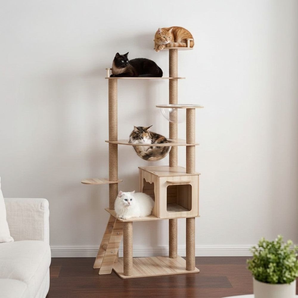 Arbre à Chat XXL en Bois Naturel Authentique 170cm