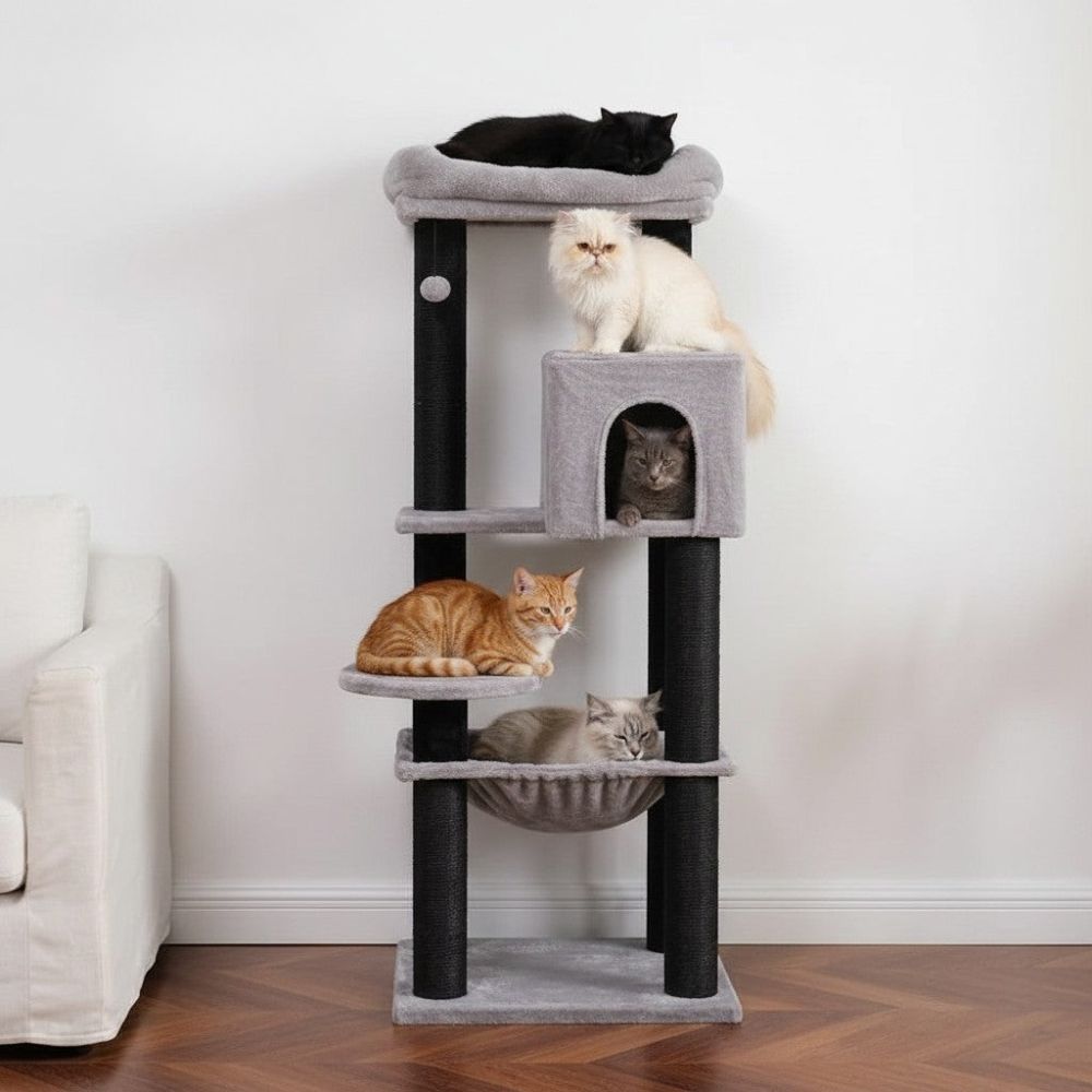Grand Arbre à Chat Beige Poteaux Renforcés 147cm