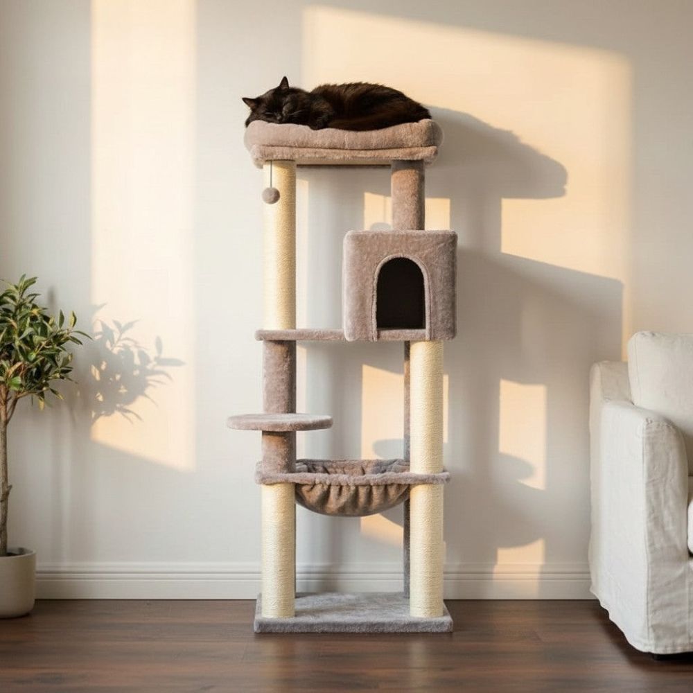 Grand Arbre à Chat Beige Poteaux Renforcés 147cm
