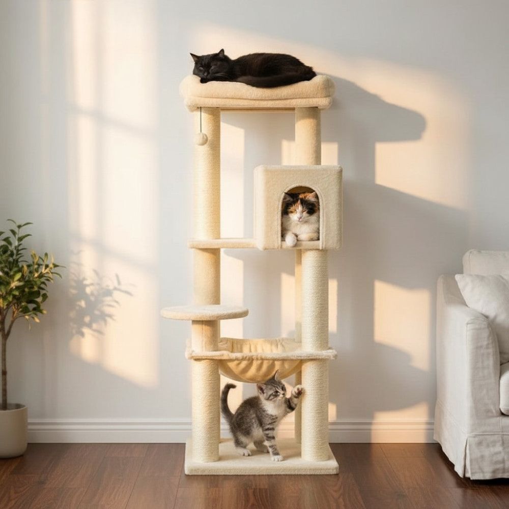 Grand Arbre à Chat Beige Poteaux Renforcés 147cm