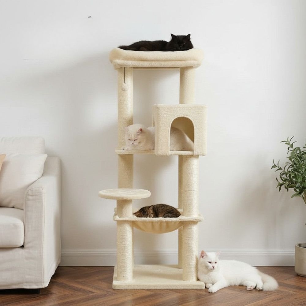 Grand Arbre à Chat Beige Poteaux Renforcés 147cm