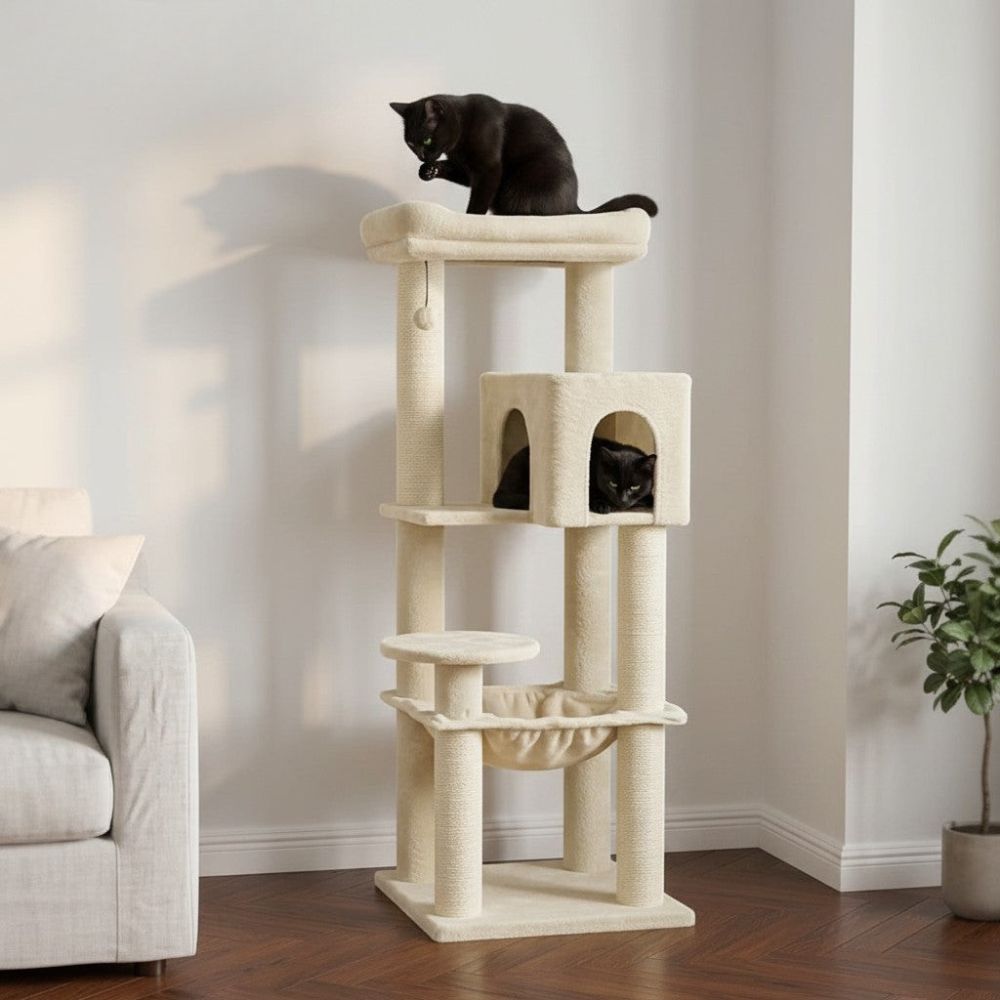 Grand Arbre à Chat Beige Poteaux Renforcés 147cm