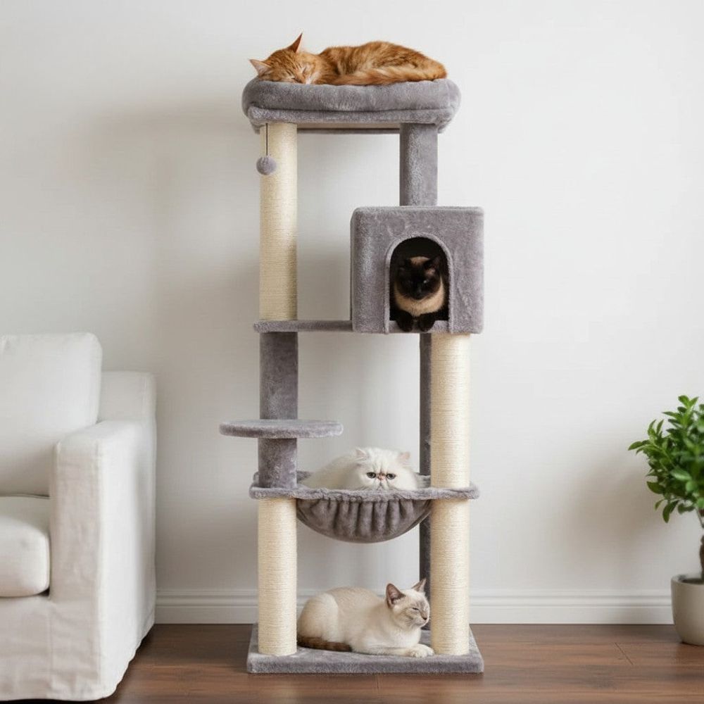 Grand Arbre à Chat Beige Poteaux Renforcés 147cm